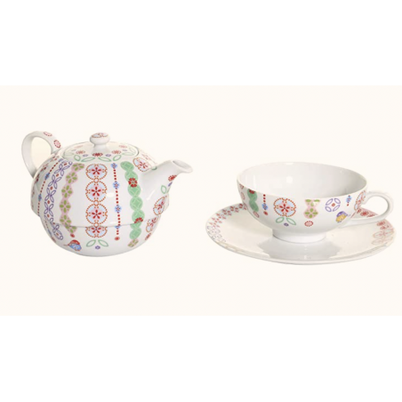 Overbeck & Friends Teekanne Porzellan Set mit Tasse Bonjour 0,5 Liter mit süßem Motiven - stapelbar